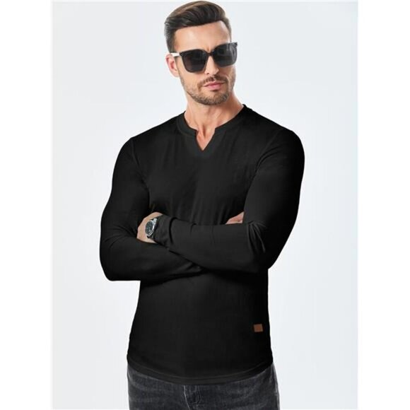 JMIERR Mens V Neck Long Sleeve Muscle Shirt Ribbed Tee Casual Slim Fit - Picture 2 of 7